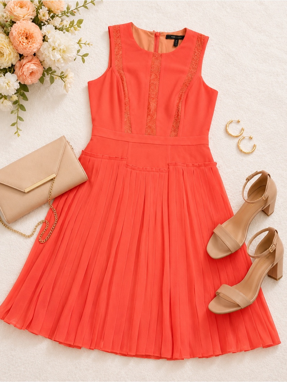 BCBGMAXAZRIA Neon Coral Pleated Lace Dress – Size 4